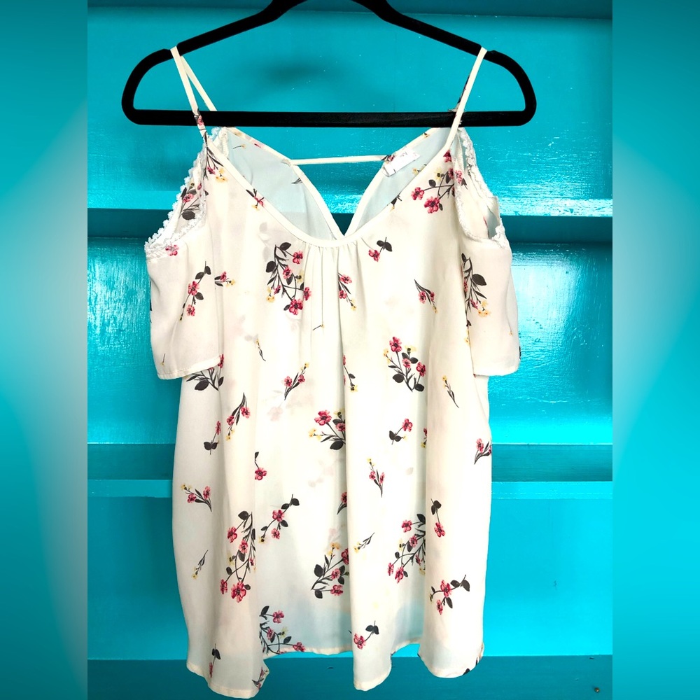 Sheer whit with floral off the shoulder top, size medium